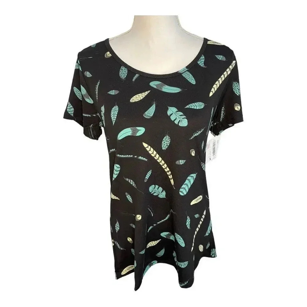 NEW Lularoe Women’s XS Black With Teal Leaves Classic T NWT‎